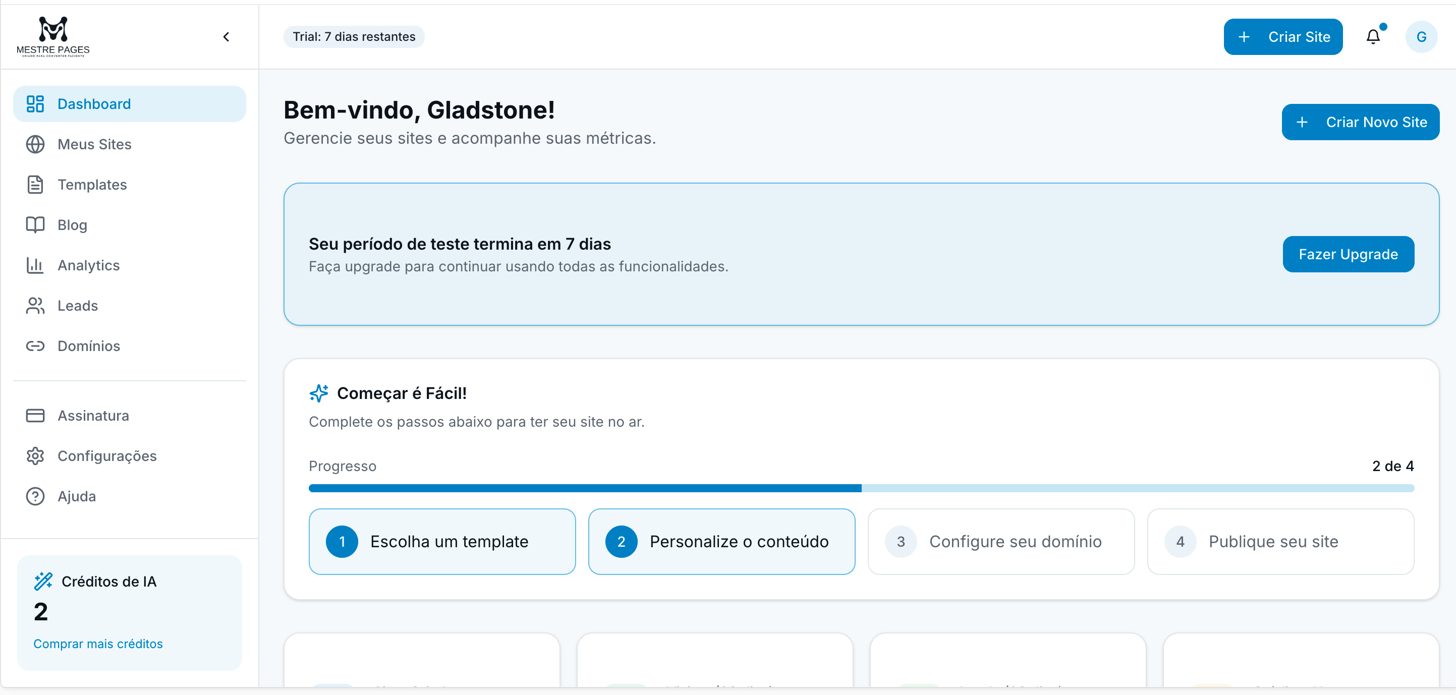 Dashboard do Mestre Pages - Gerencie sites, leads e métricas em tempo real